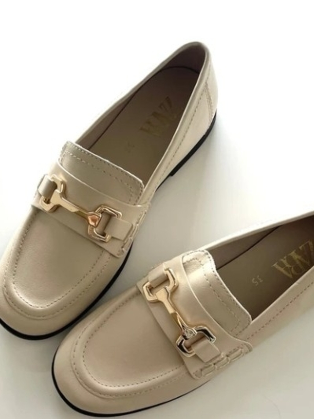 Zara Beige Loafers with Gold-Tone Horsebit Accent